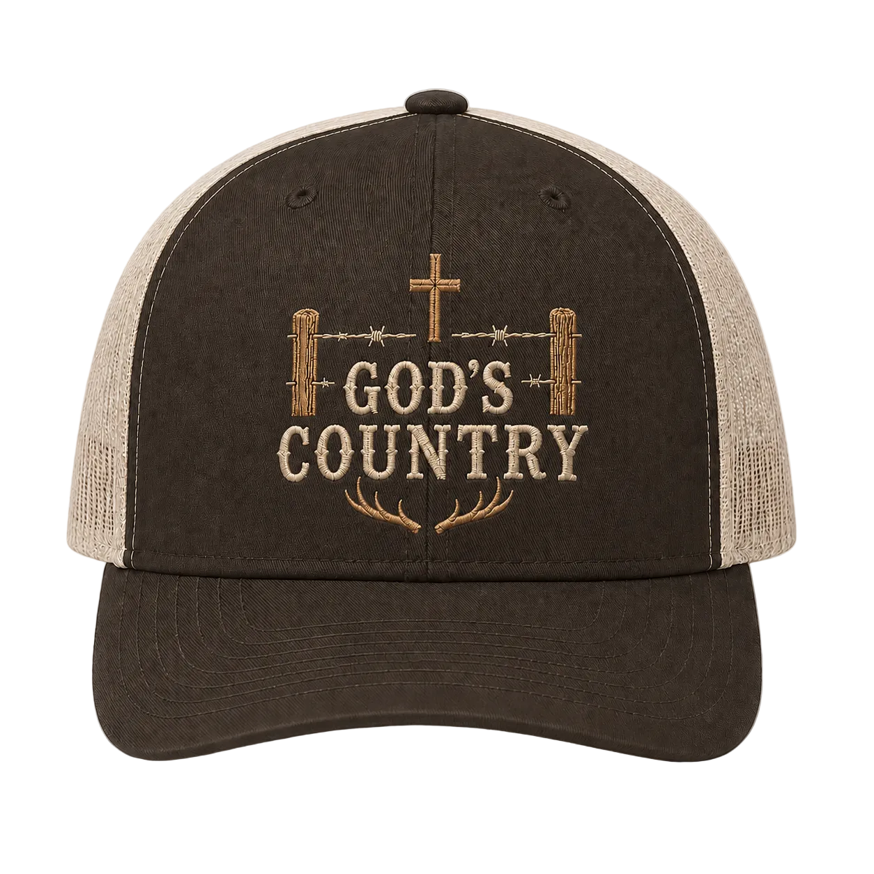 God’s Country Cross Fence & Antler Embroidered Trucker Hat