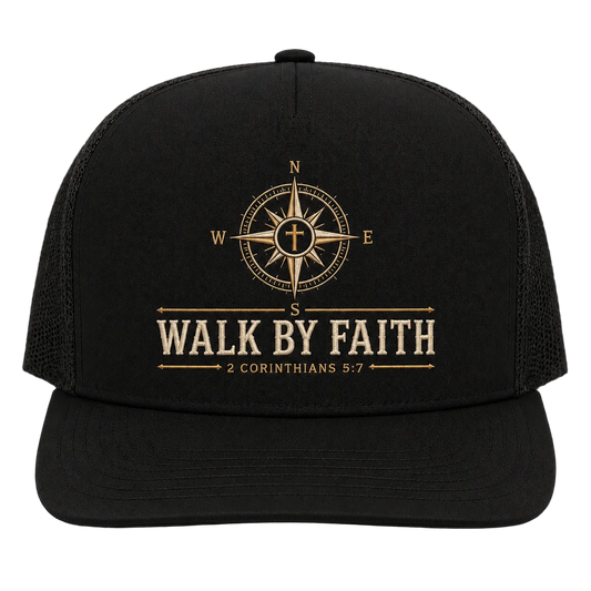 Walk by Faith Compass Camo Trucker Hat – 2 Corinthians 5:7 Christian Outdoor Cap