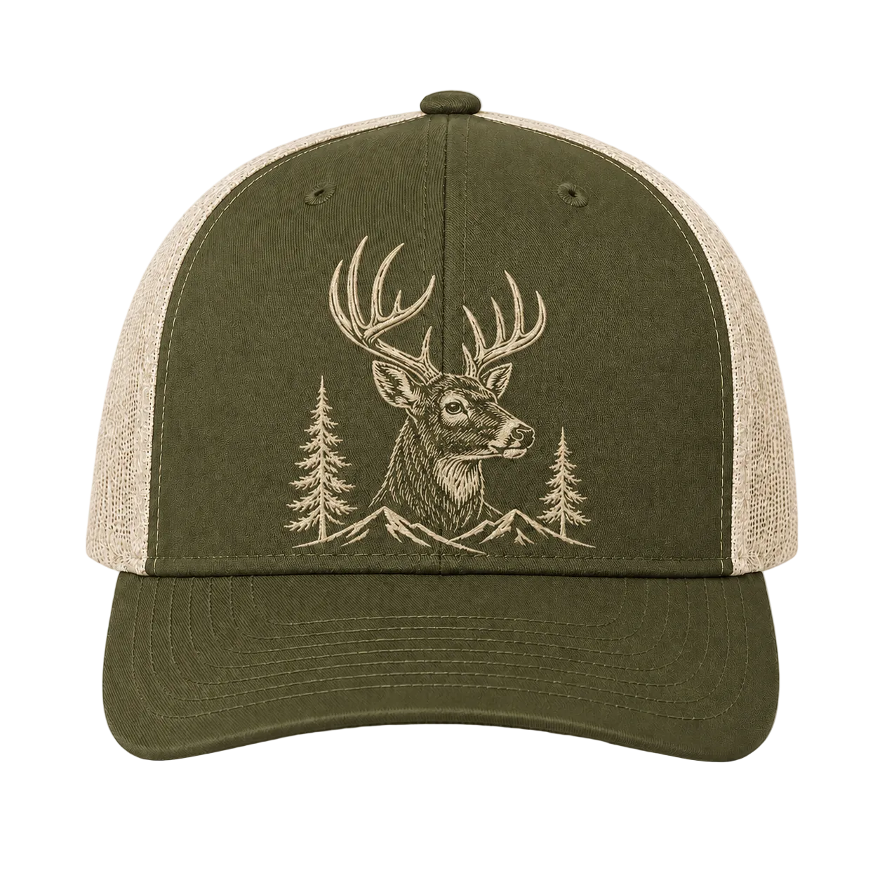 Whitetail Buck Mountain Embroidered Trucker Hat – Brown Hunting Cap