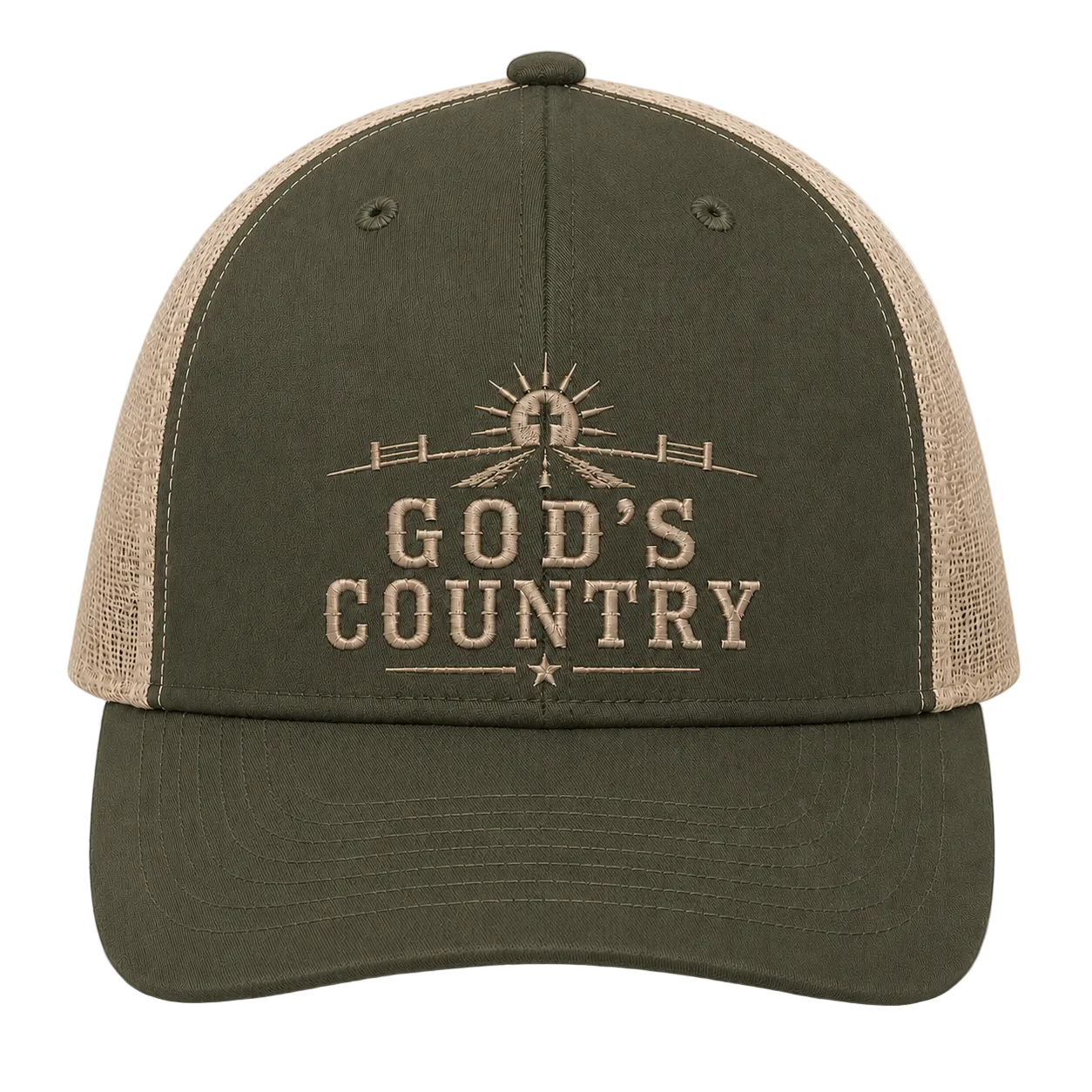 God’s Country Sunrise Cross Embroidered Trucker Hat
