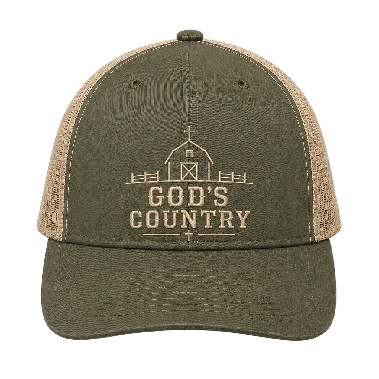 God’s Country Sunrise Cross Embroidered Trucker Hat