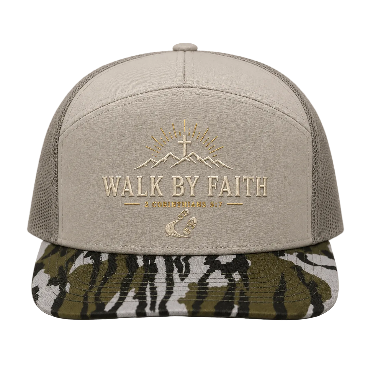 Walk by Faith Mountain Trail Trucker Hat – 2 Corinthians 5:7 Christian Camo Cap