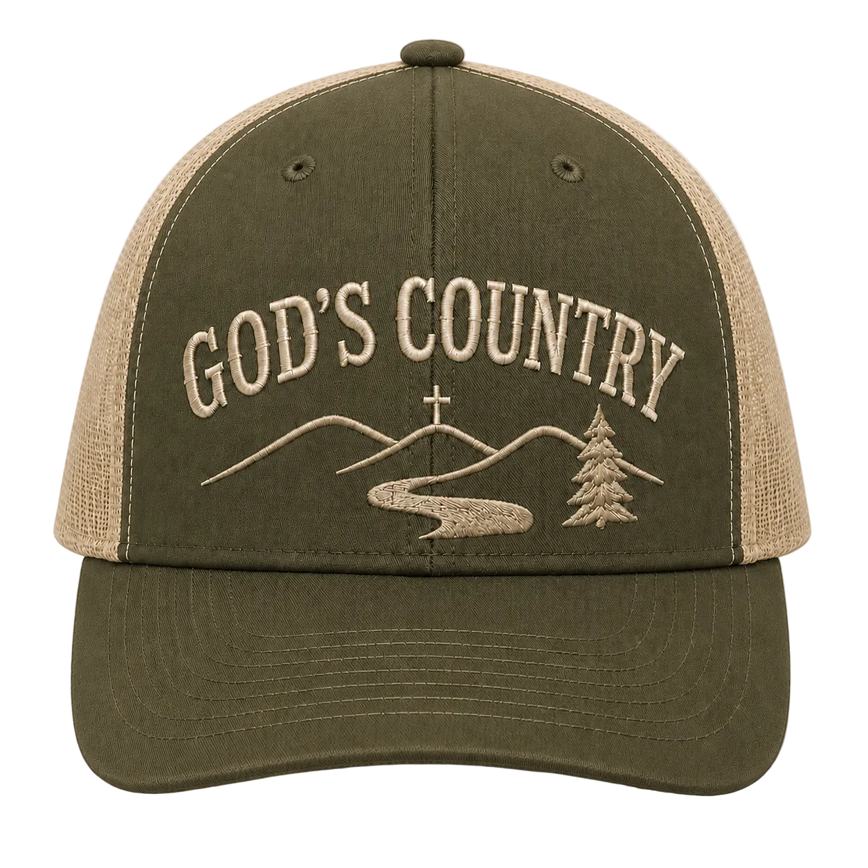 God’s Country Mountain Cross Embroidered Trucker Hat