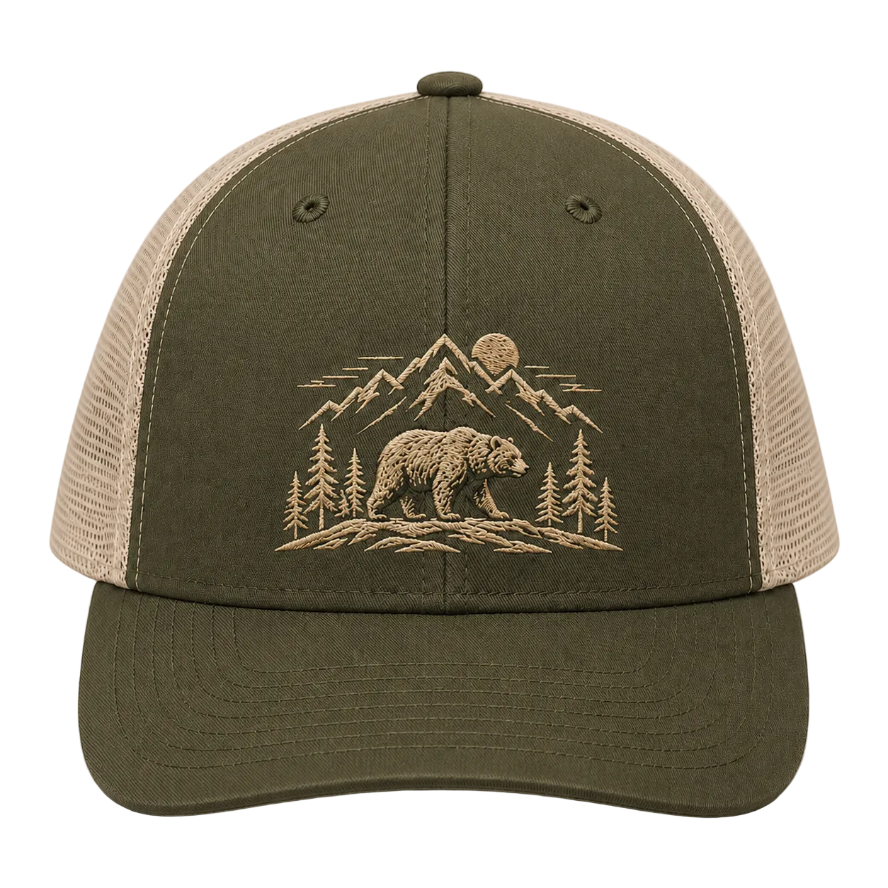 Moonlit Timber Bear Embroidered Trucker Hat – Pine Wilderness Cap