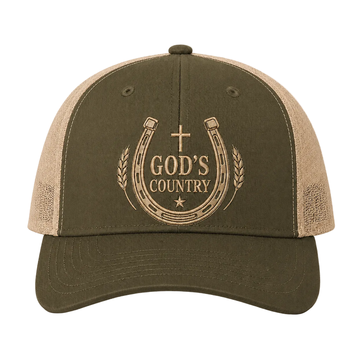 God’s Country Horseshoe Cross Embroidered Trucker Hat