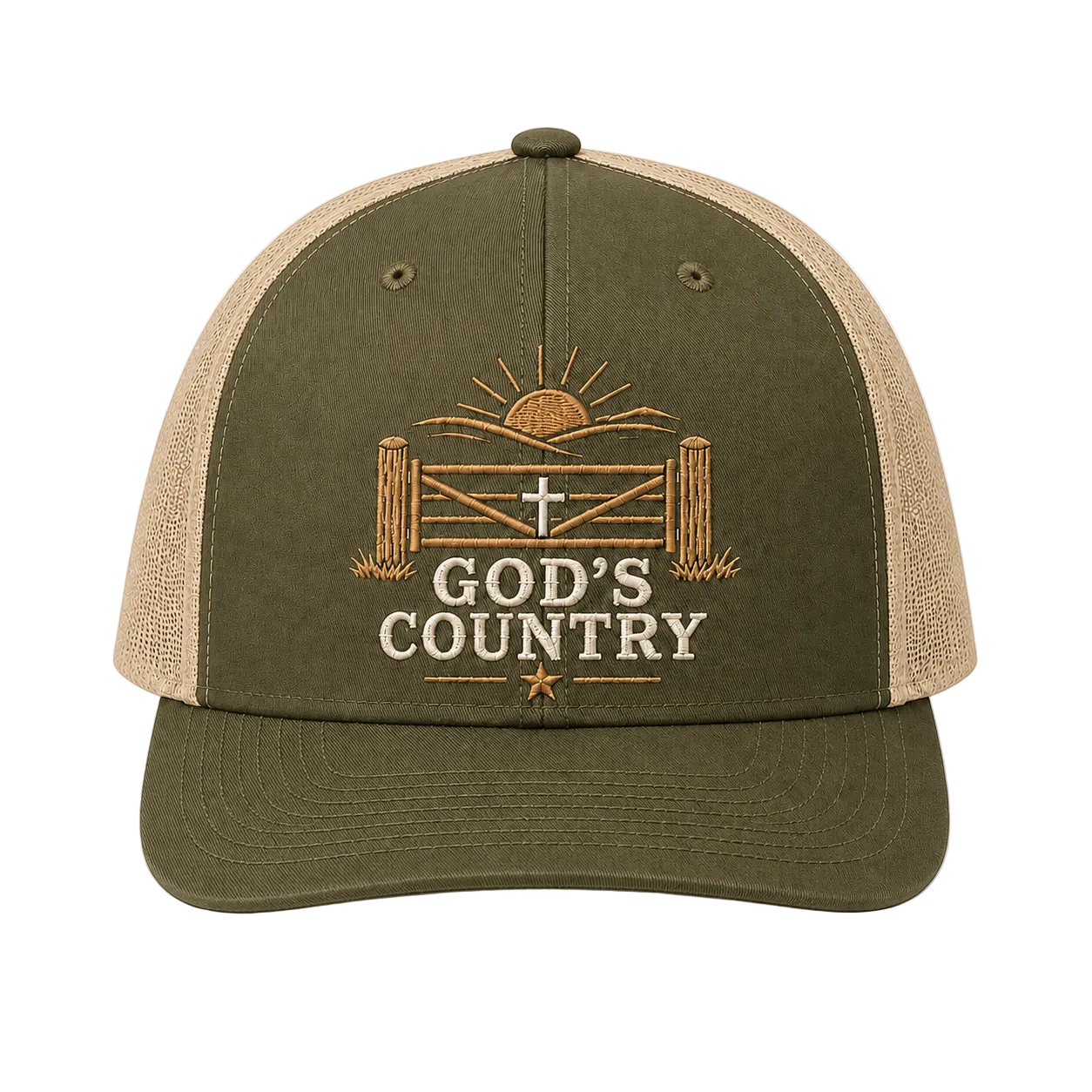 God’s Country Sunrise Gate Embroidered Trucker Hat