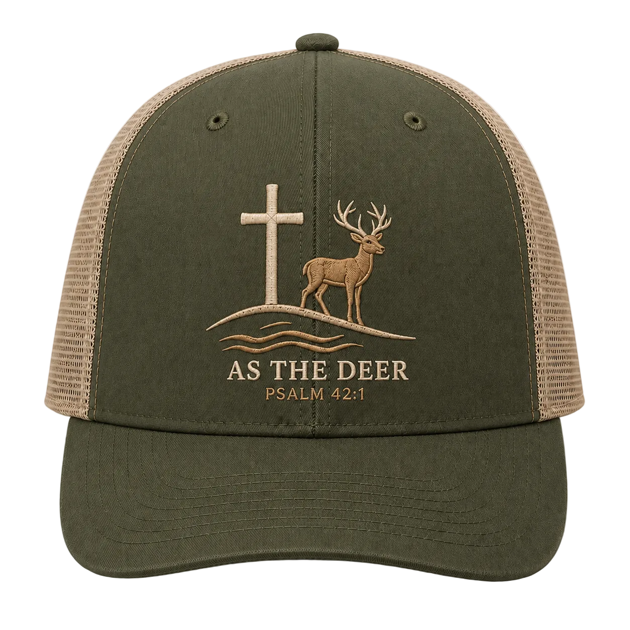 Psalm 42:1 Deer and Cross Embroidered Trucker Hat – Christian Cap