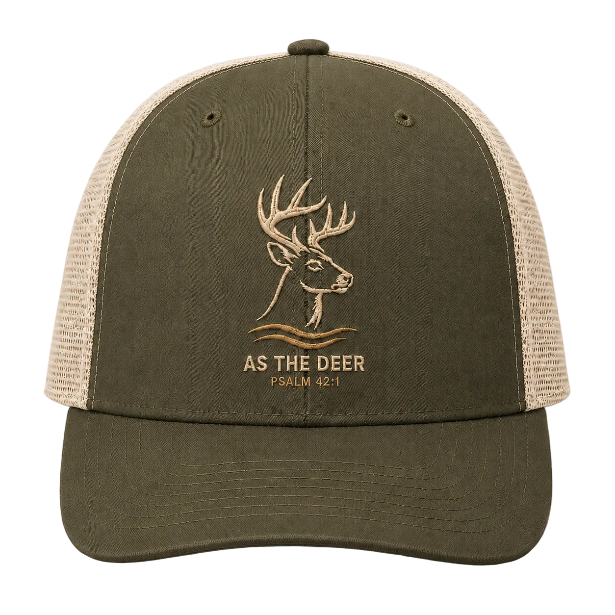Psalm 42:1 Whitetail Deer Embroidered Trucker Hat – Christian Cap