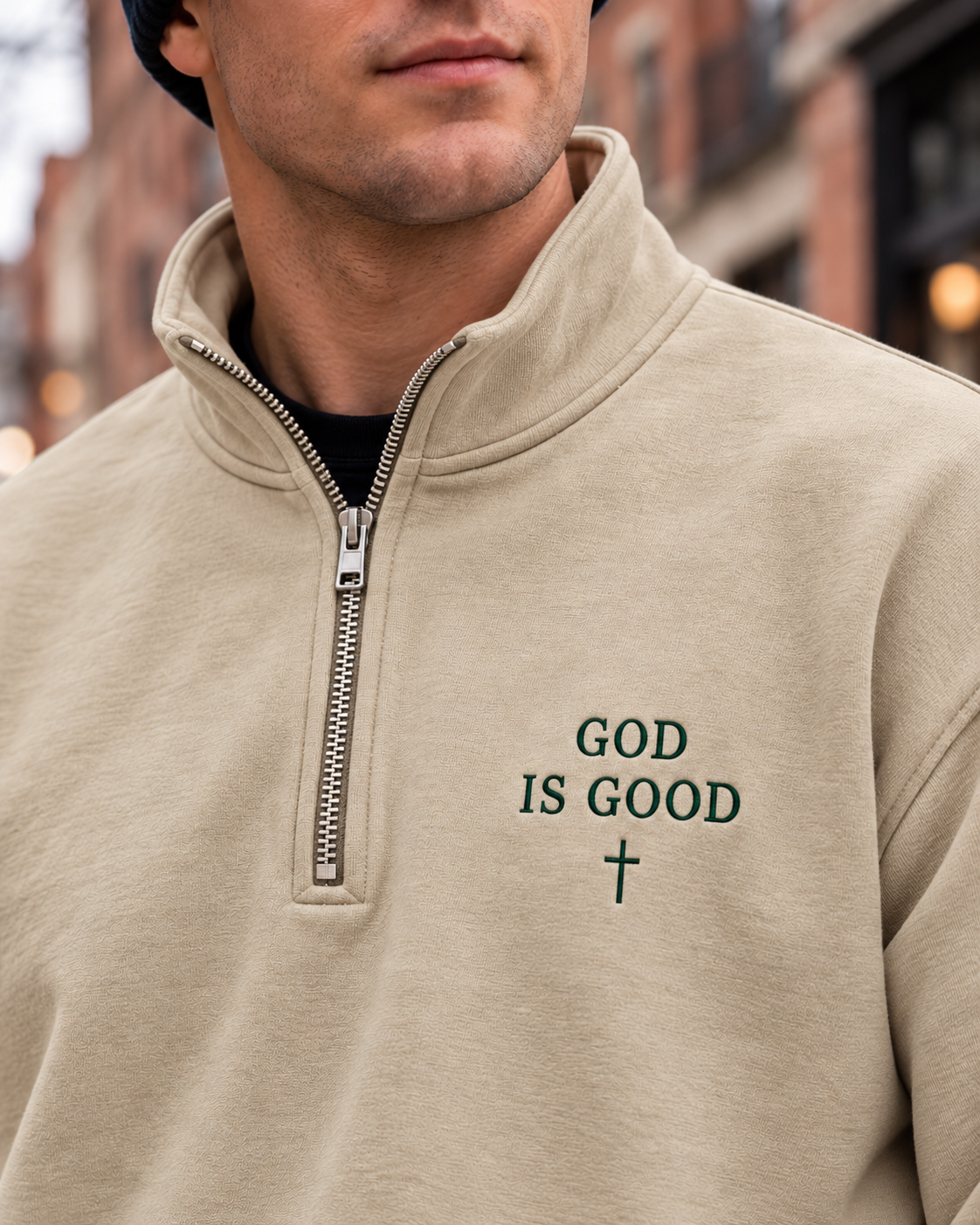 God Is Good Embroidered Quarter-Zip Sweatshirt – Christian Pullover