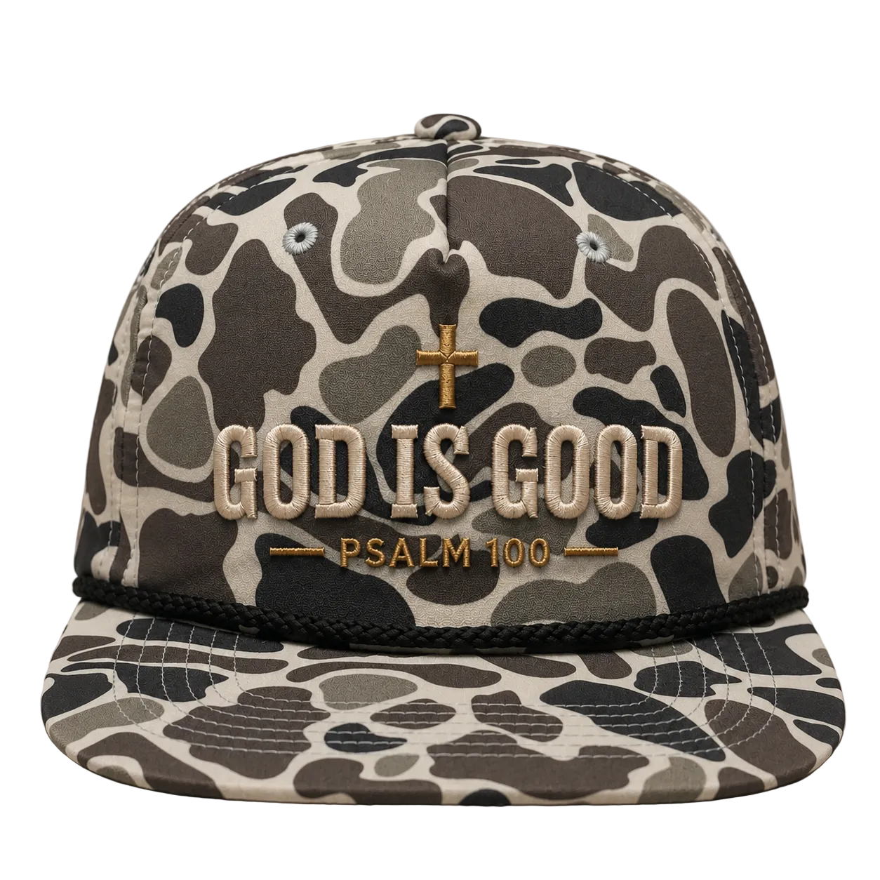 God Is Good Psalm 100 Camo Rope Snapback Hat – Christian Embroidered Outdoor Cap