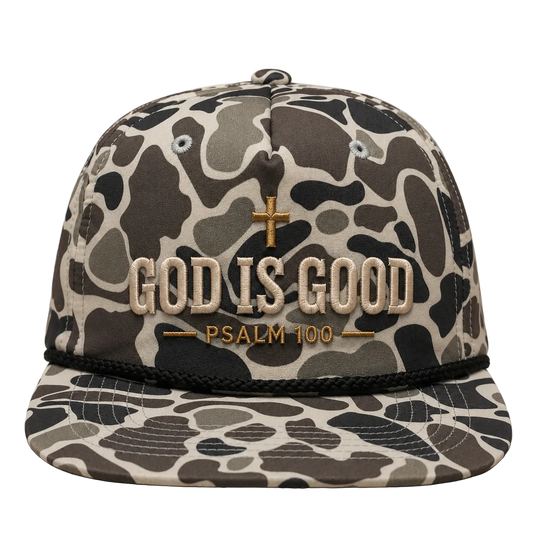 God Is Good Psalm 100 Camo Rope Snapback Hat – Christian Embroidered Outdoor Cap