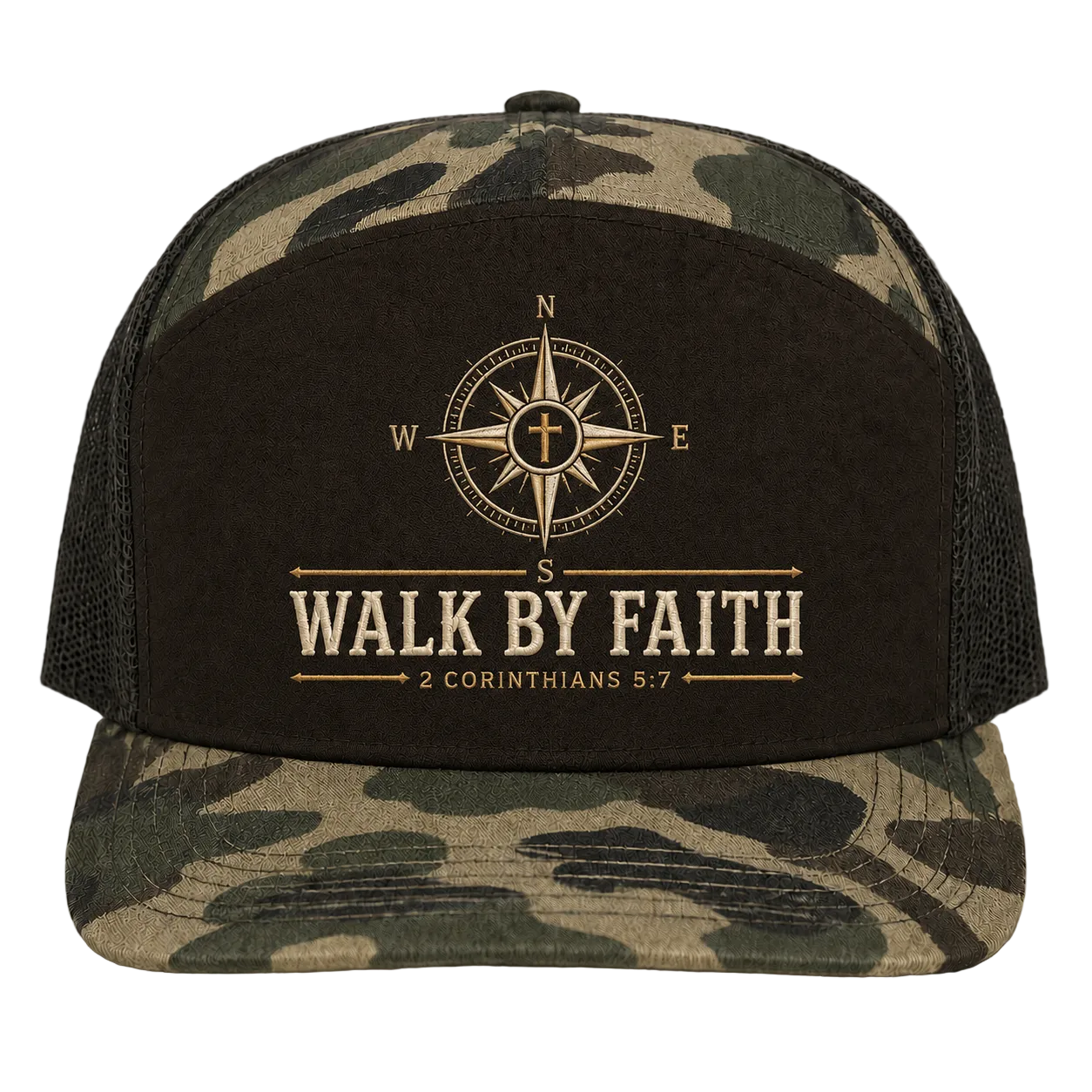 Walk by Faith Compass Camo Trucker Hat – 2 Corinthians 5:7 Christian Outdoor Cap