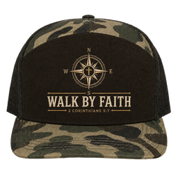 Walk by Faith Compass Camo Trucker Hat – 2 Corinthians 5:7 Christian Outdoor Cap