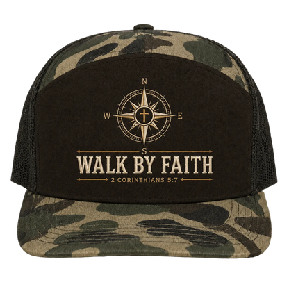 Walk by Faith Compass Camo Trucker Hat – 2 Corinthians 5:7 Christian Outdoor Cap