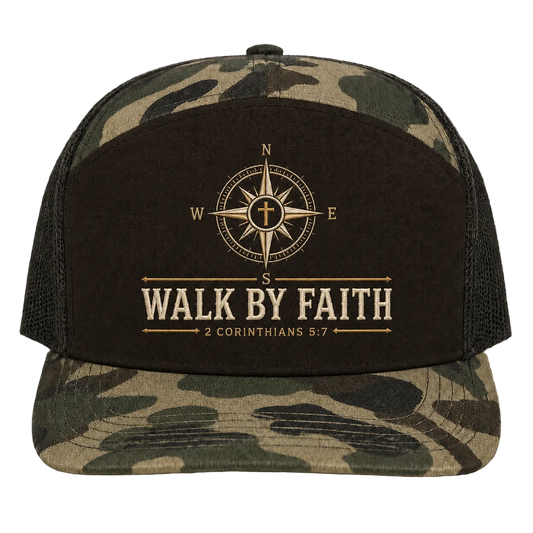 Walk by Faith Compass Camo Trucker Hat – 2 Corinthians 5:7 Christian Outdoor Cap