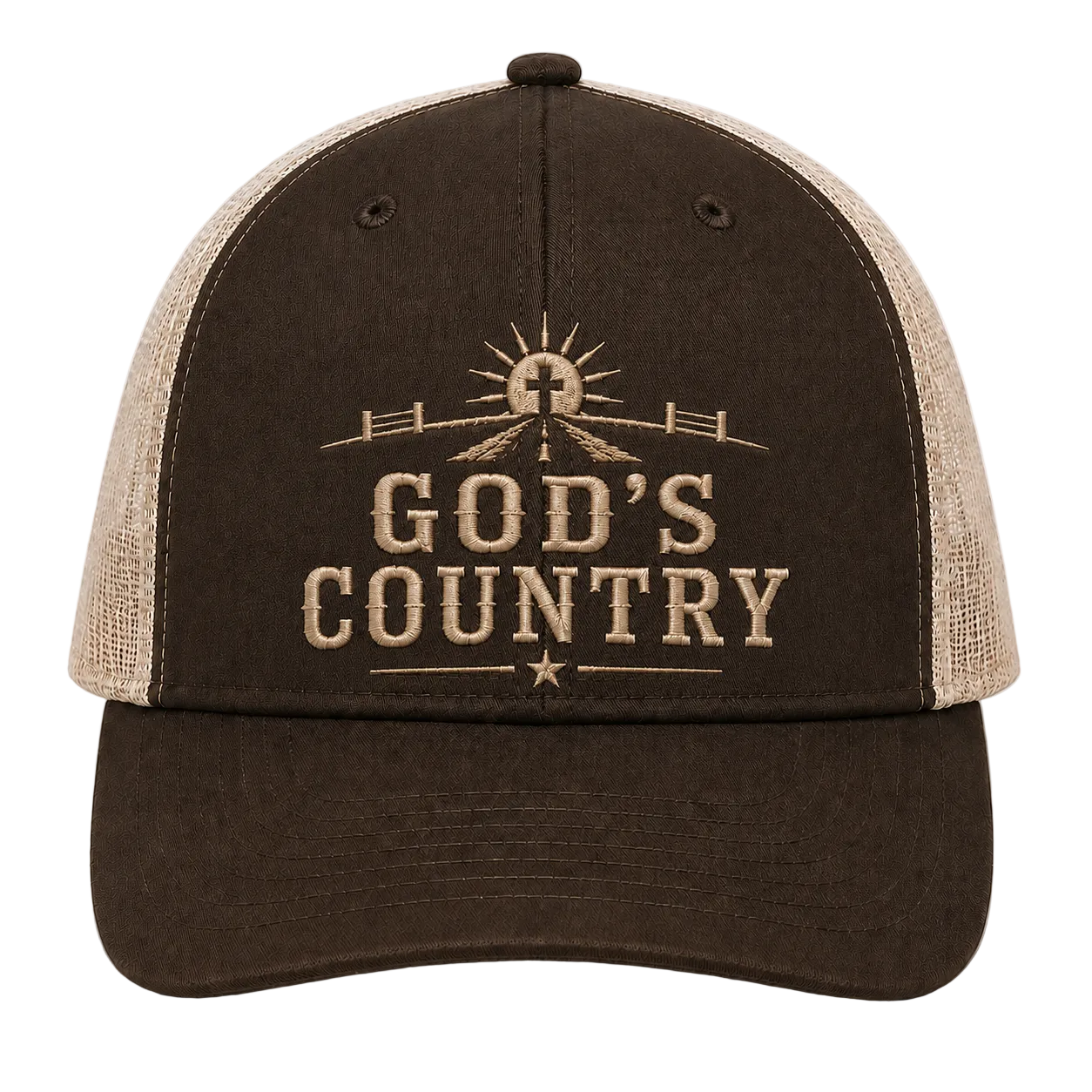 God’s Country Sunrise Cross Embroidered Trucker Hat