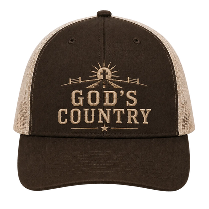 God’s Country Sunrise Cross Embroidered Trucker Hat