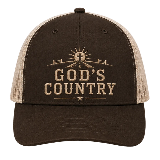 God’s Country Sunrise Cross Embroidered Trucker Hat