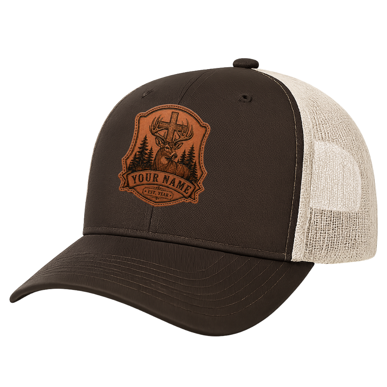 Personalized Christian Whitetail Deer Leather Patch Trucker Hat