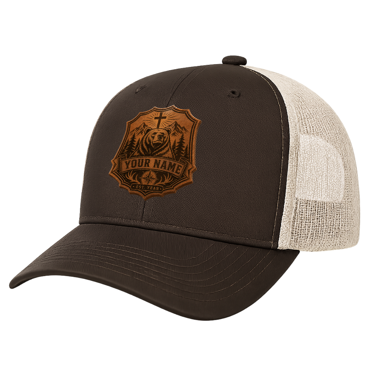 Personalized Christian Bear Leather Patch Trucker Hat