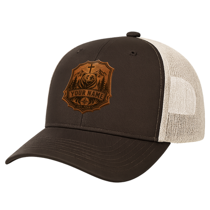 Personalized Christian Bear Leather Patch Trucker Hat