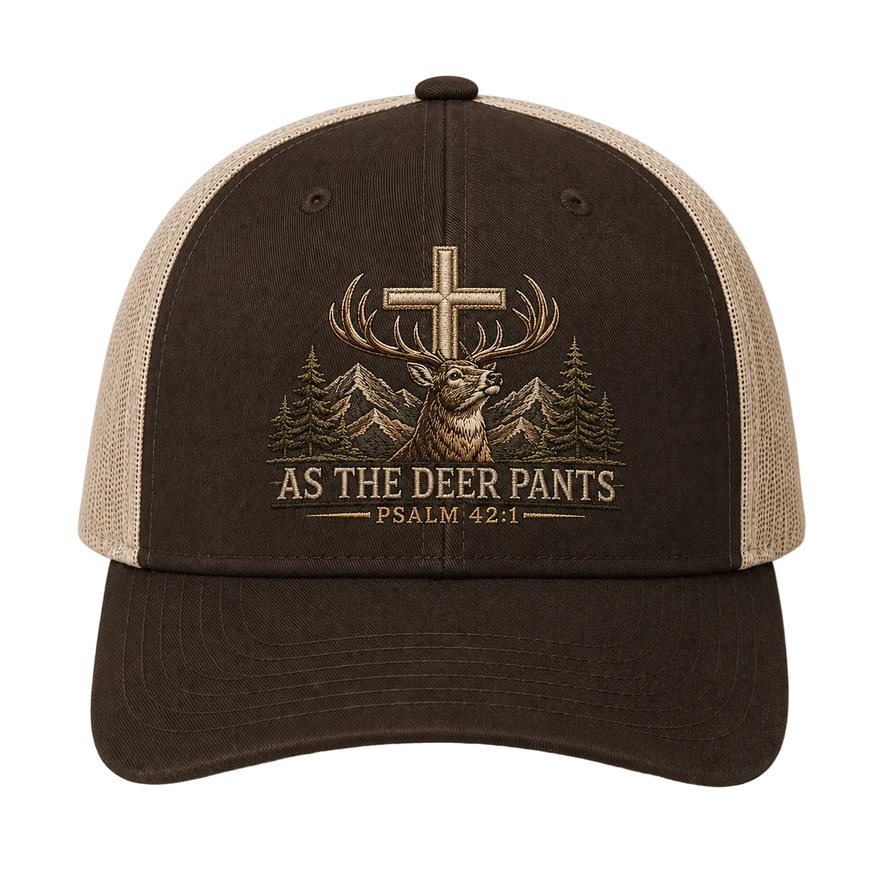 Psalm 42:1 Christian Deer Embroidered Trucker Hat – Brown Hunting Cap