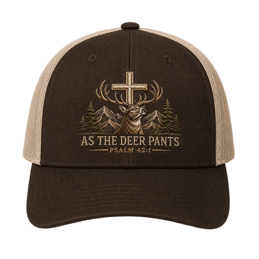 Psalm 42:1 Christian Deer Embroidered Trucker Hat – Brown Hunting Cap
