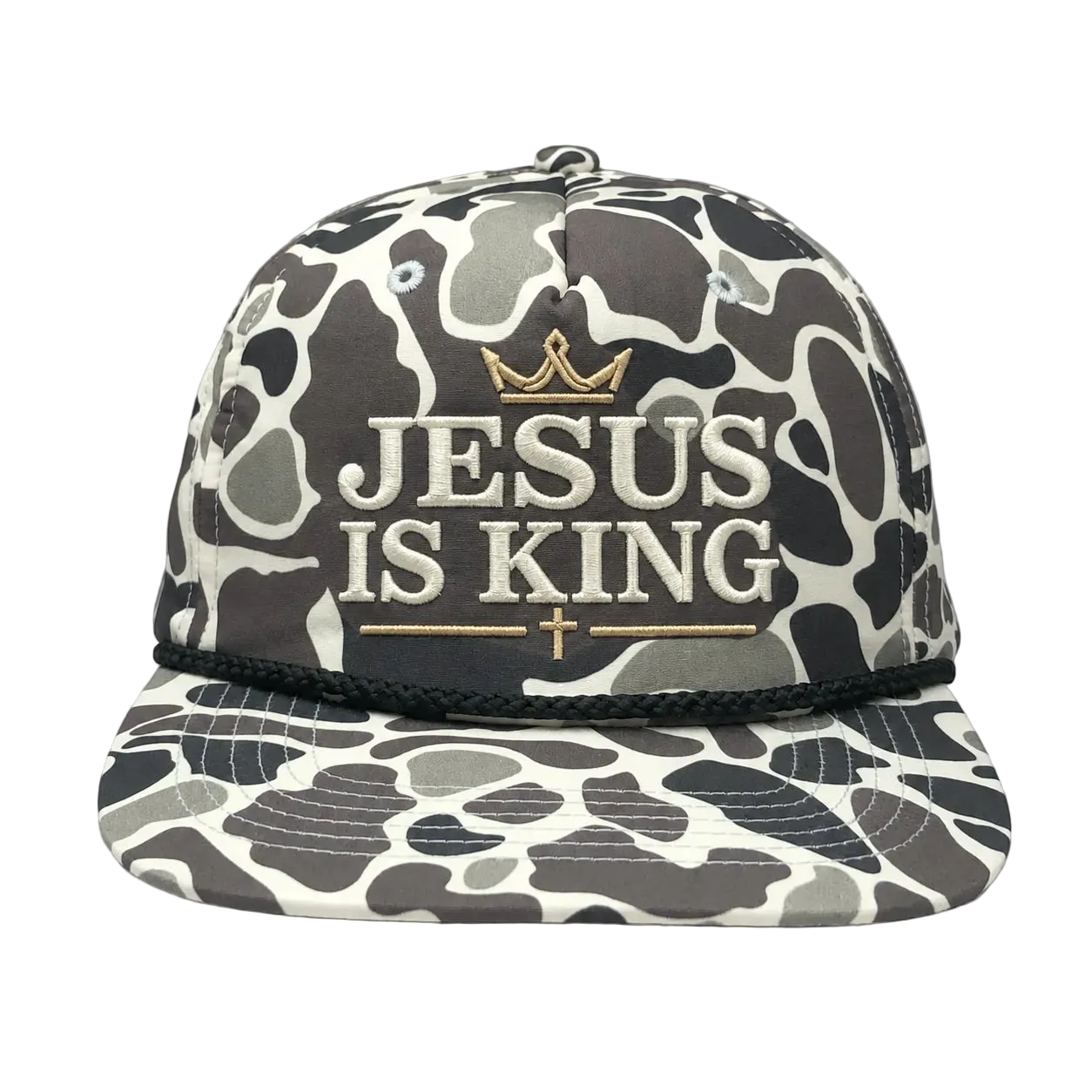 Jesus Is King Camo Rope Snapback Hat – Christian Embroidered Outdoor Cap