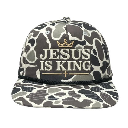 Jesus Is King Camo Rope Snapback Hat – Christian Embroidered Outdoor Cap