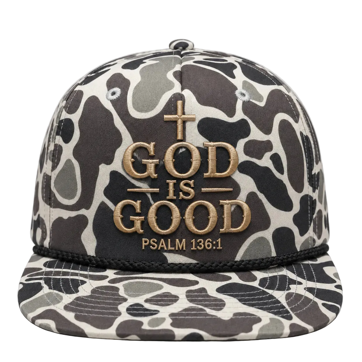God Is Good Camo Rope Snapback Hat – Christian Embroidered Outdoor Cap
