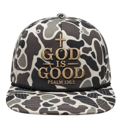 God Is Good Camo Rope Snapback Hat – Christian Embroidered Outdoor Cap