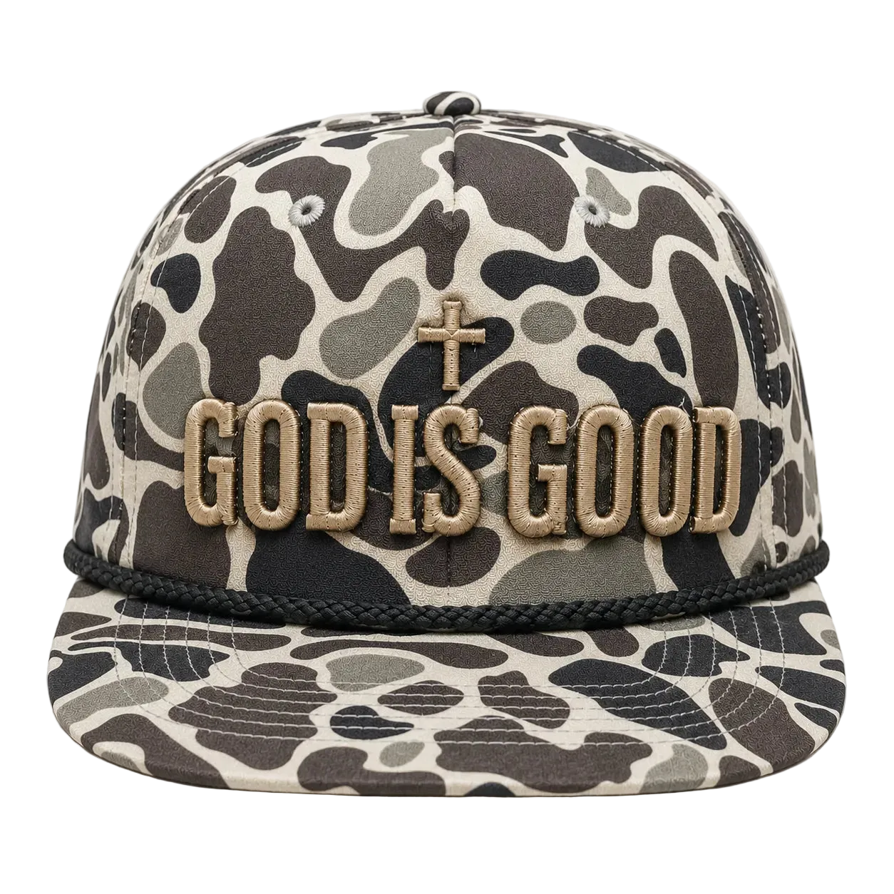 God Is Good Camo Rope Snapback Hat – Christian Embroidered Outdoor Cap