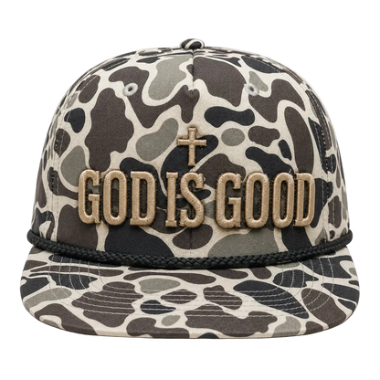 God Is Good Camo Rope Snapback Hat – Christian Embroidered Outdoor Cap
