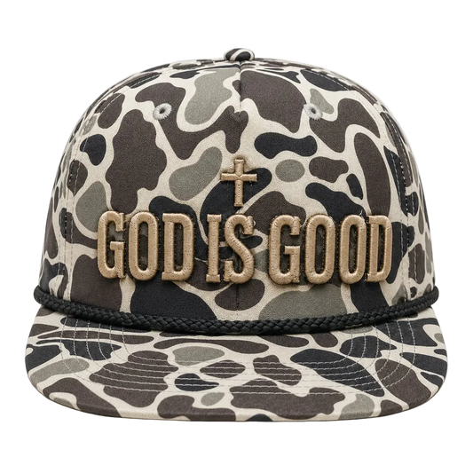 God Is Good Camo Rope Snapback Hat – Christian Embroidered Outdoor Cap