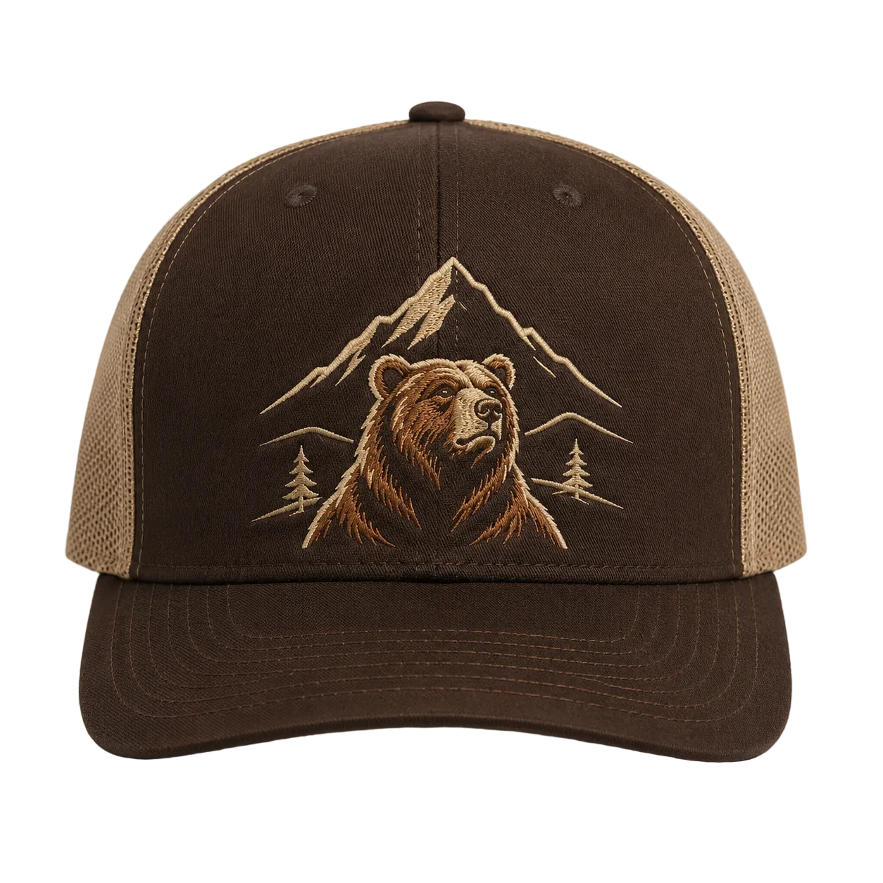 Highland Monarch Bear Portrait Embroidered Trucker Hat – Grizzly Outdoor Cap