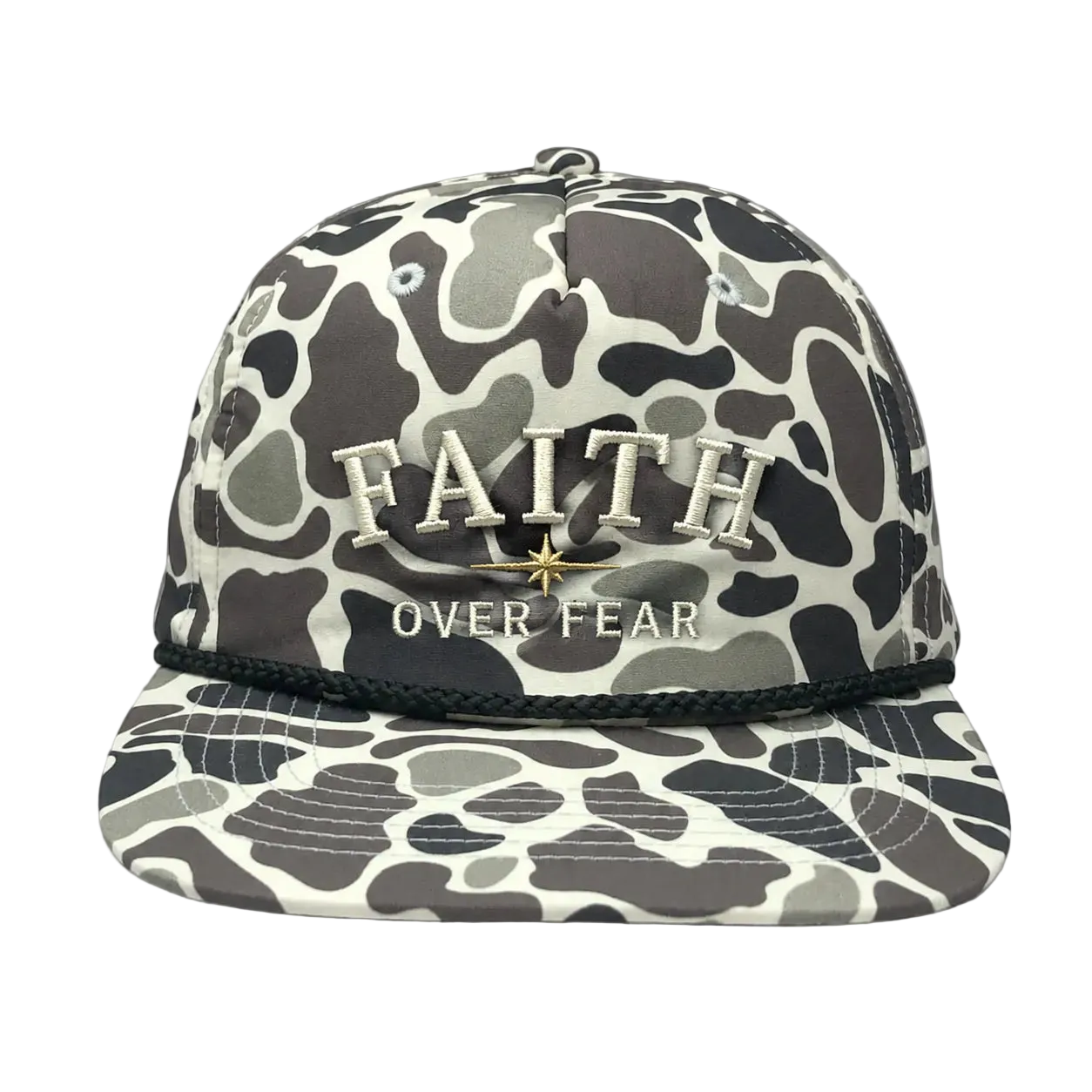 Faith Over Fear Camo Rope Snapback Hat – Christian Embroidered Outdoor Cap
