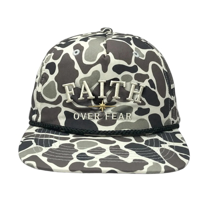 Faith Over Fear Camo Rope Snapback Hat – Christian Embroidered Outdoor Cap
