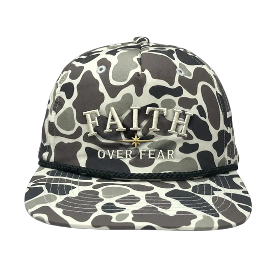 Faith Over Fear Camo Rope Snapback Hat – Christian Embroidered Outdoor Cap