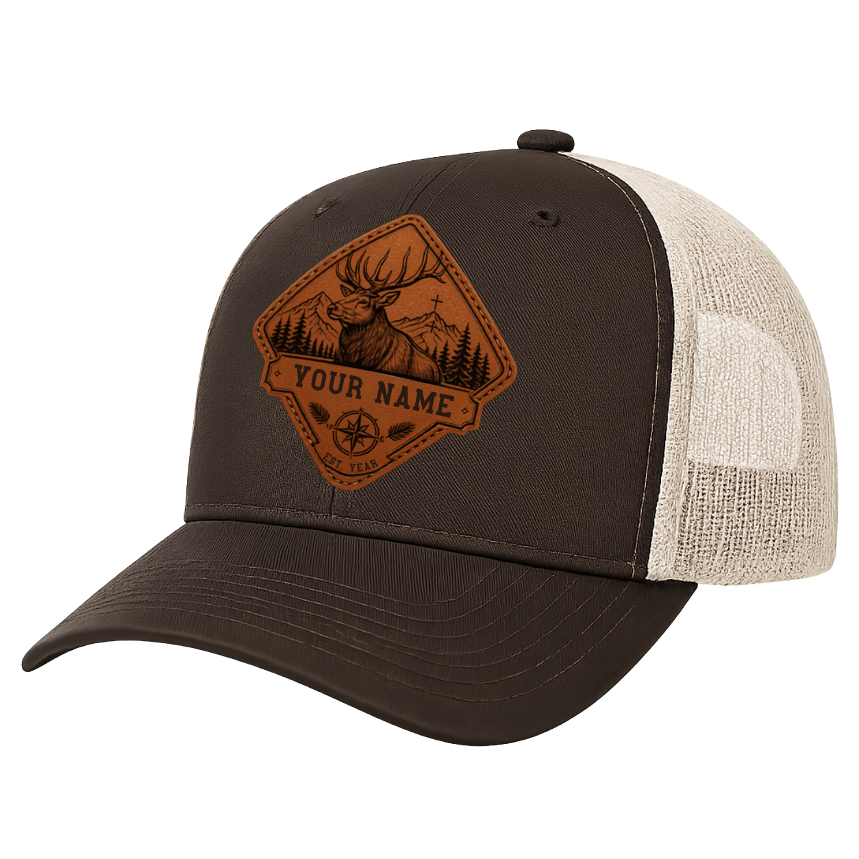 Personalized Elk Hunter Leather Patch Trucker Hat | Custom Christian Hunting Hat