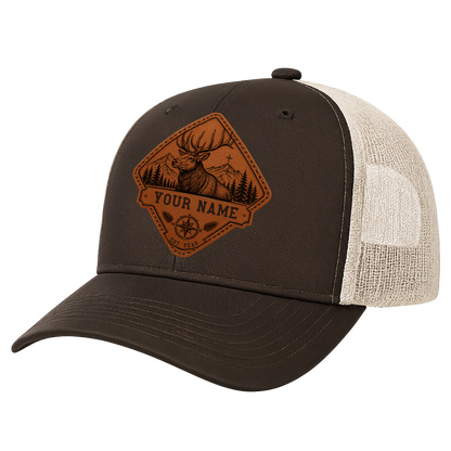 Personalized Elk Hunter Leather Patch Trucker Hat | Custom Christian Hunting Hat