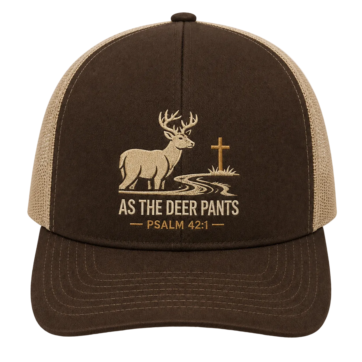 Psalm 42:1 Deer by the Stream Embroidered Trucker Hat – Christian Hunting Cap