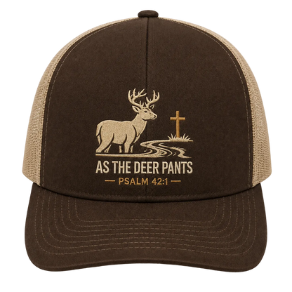 Psalm 42:1 Deer by the Stream Embroidered Trucker Hat – Christian Hunting Cap