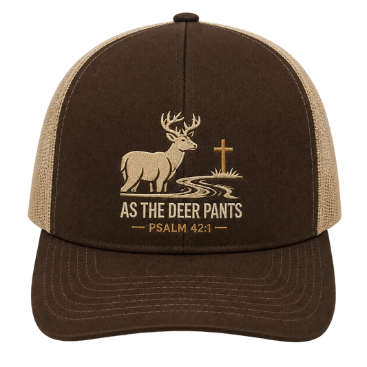 Psalm 42:1 Deer by the Stream Embroidered Trucker Hat – Christian Hunting Cap