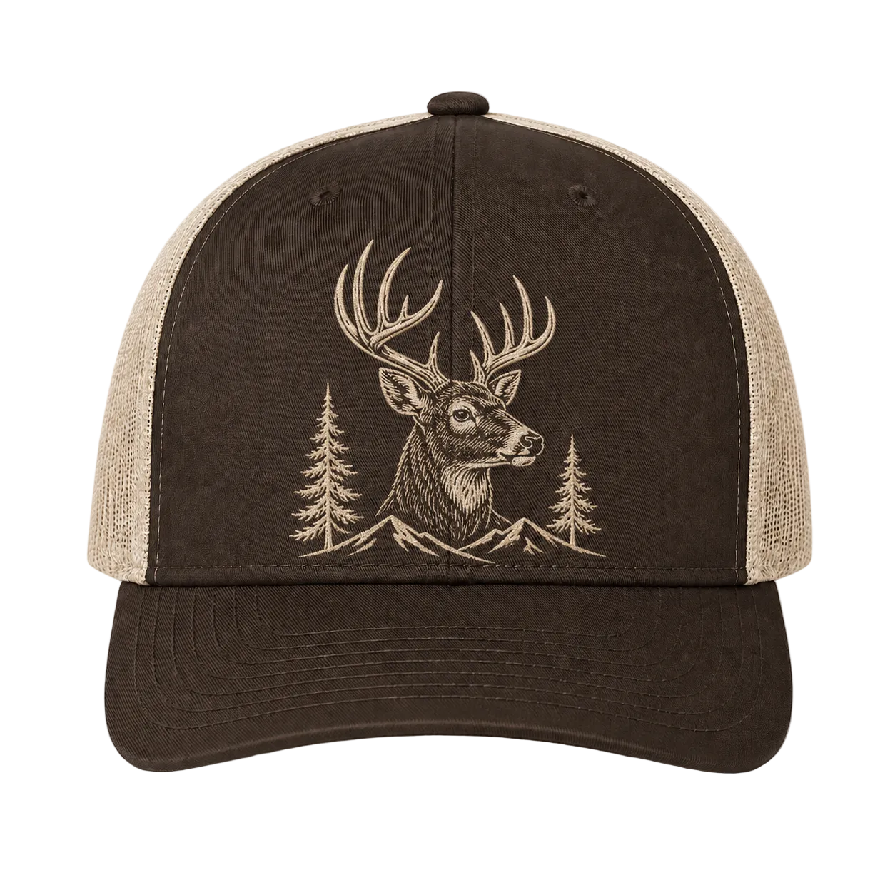Whitetail Buck Mountain Embroidered Trucker Hat – Brown Hunting Cap