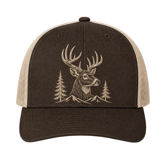 Whitetail Buck Mountain Embroidered Trucker Hat – Brown Hunting Cap