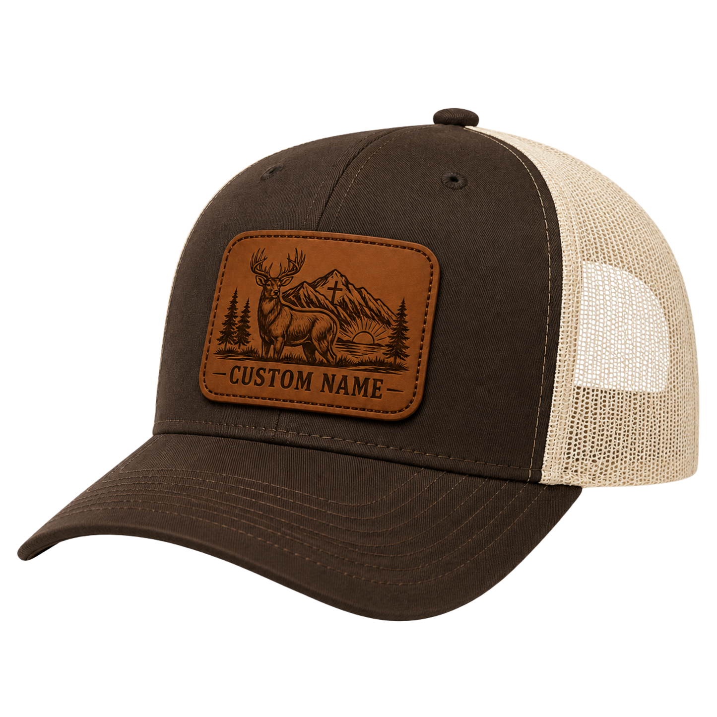 Personalized Christian Hunter Deer Leather Patch Trucker Hat | Custom Name Faith Mountain Snapback Cap
