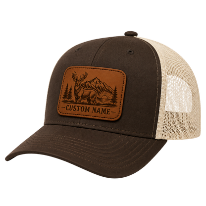 Personalized Christian Hunter Deer Leather Patch Trucker Hat | Custom Name Faith Mountain Snapback Cap