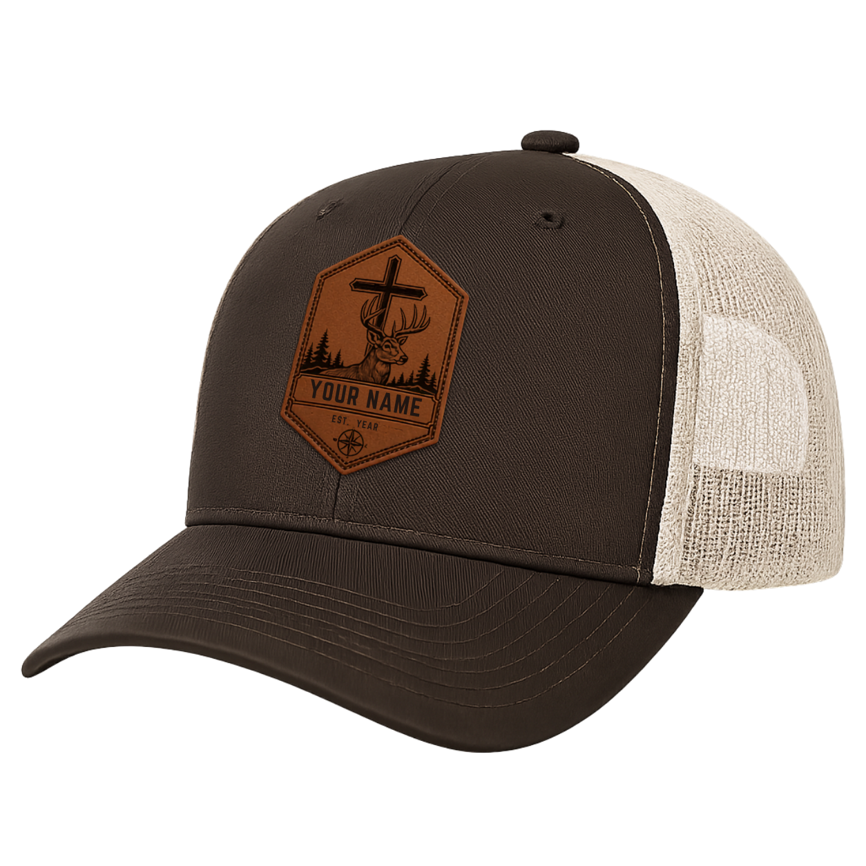 Personalized Christian Deer Hexagon Leather Patch Trucker Hat