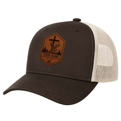 Personalized Christian Deer Hexagon Leather Patch Trucker Hat