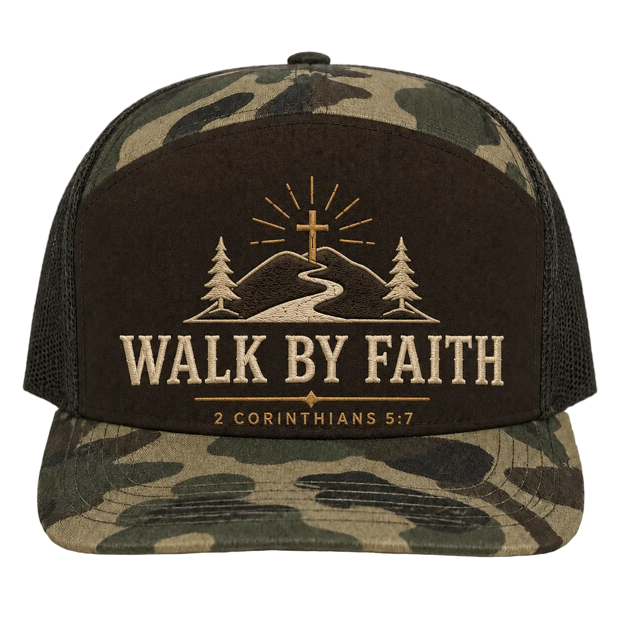 Walk by Faith Mountain Path Camo Trucker Hat – 2 Corinthians 5:7 Christian Outdoor Cap